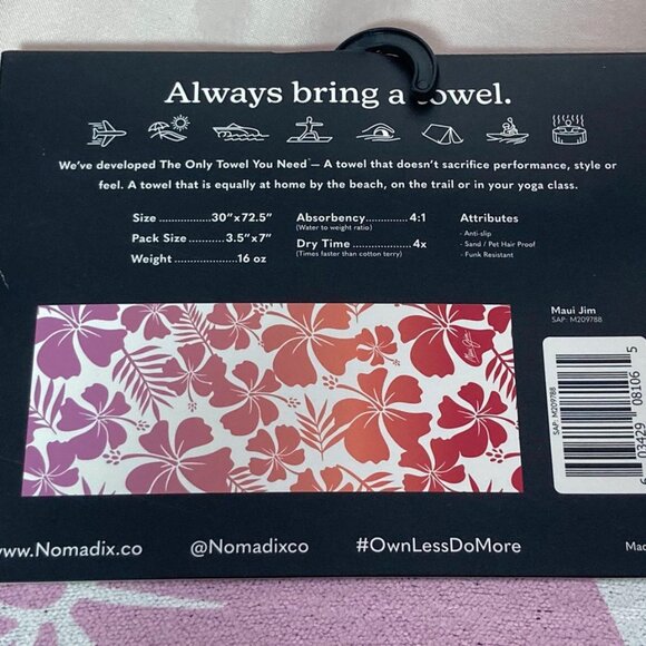 Maui Jim NOMADIX Towel Hibiscus Beach All Purpose 30"x72” MicroTerry Hawaii NEW - Picture 2 of 4